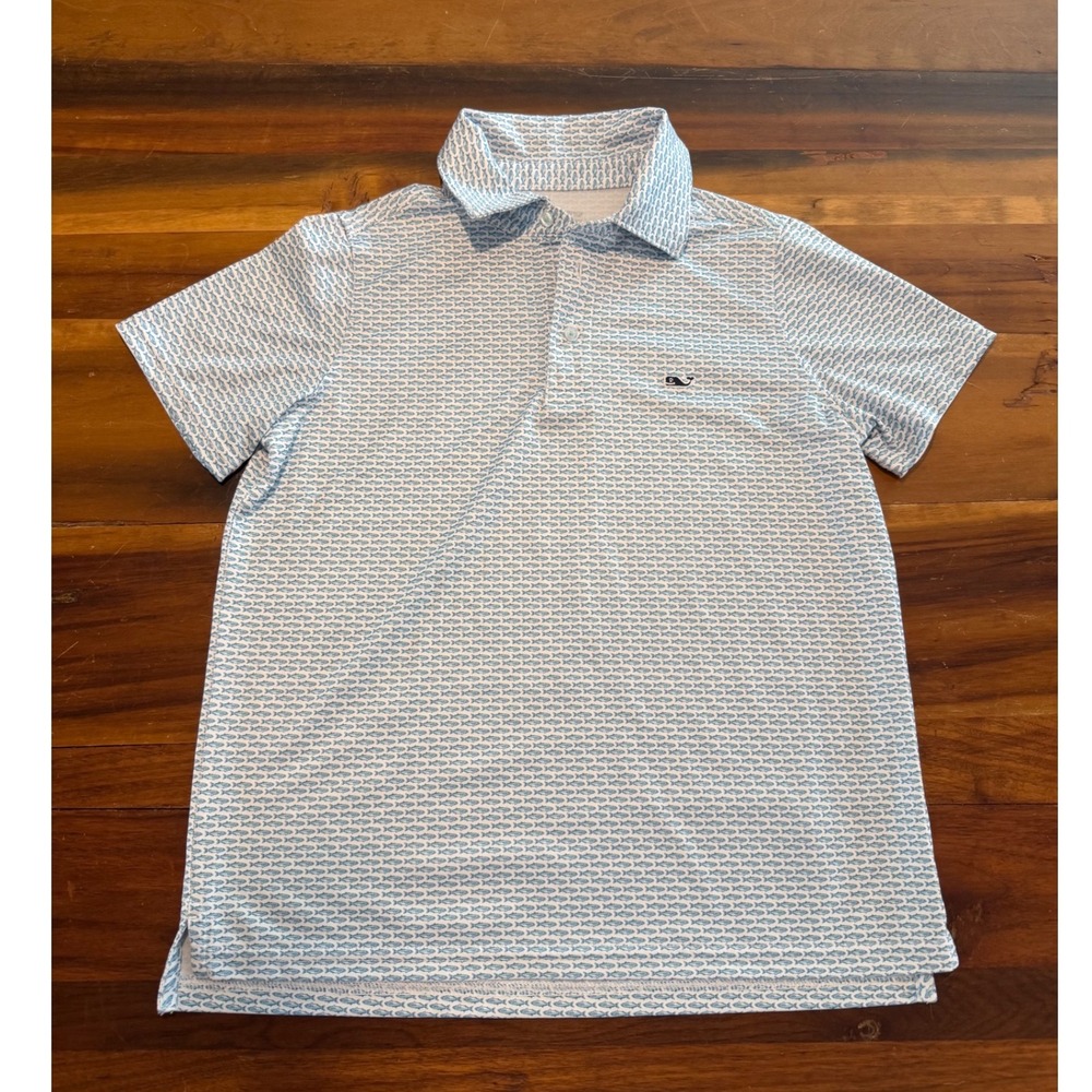 Vineyard Vines Boys On-The-Go Sankaty Polo Shirt Blue Fish Print Size S 8-10